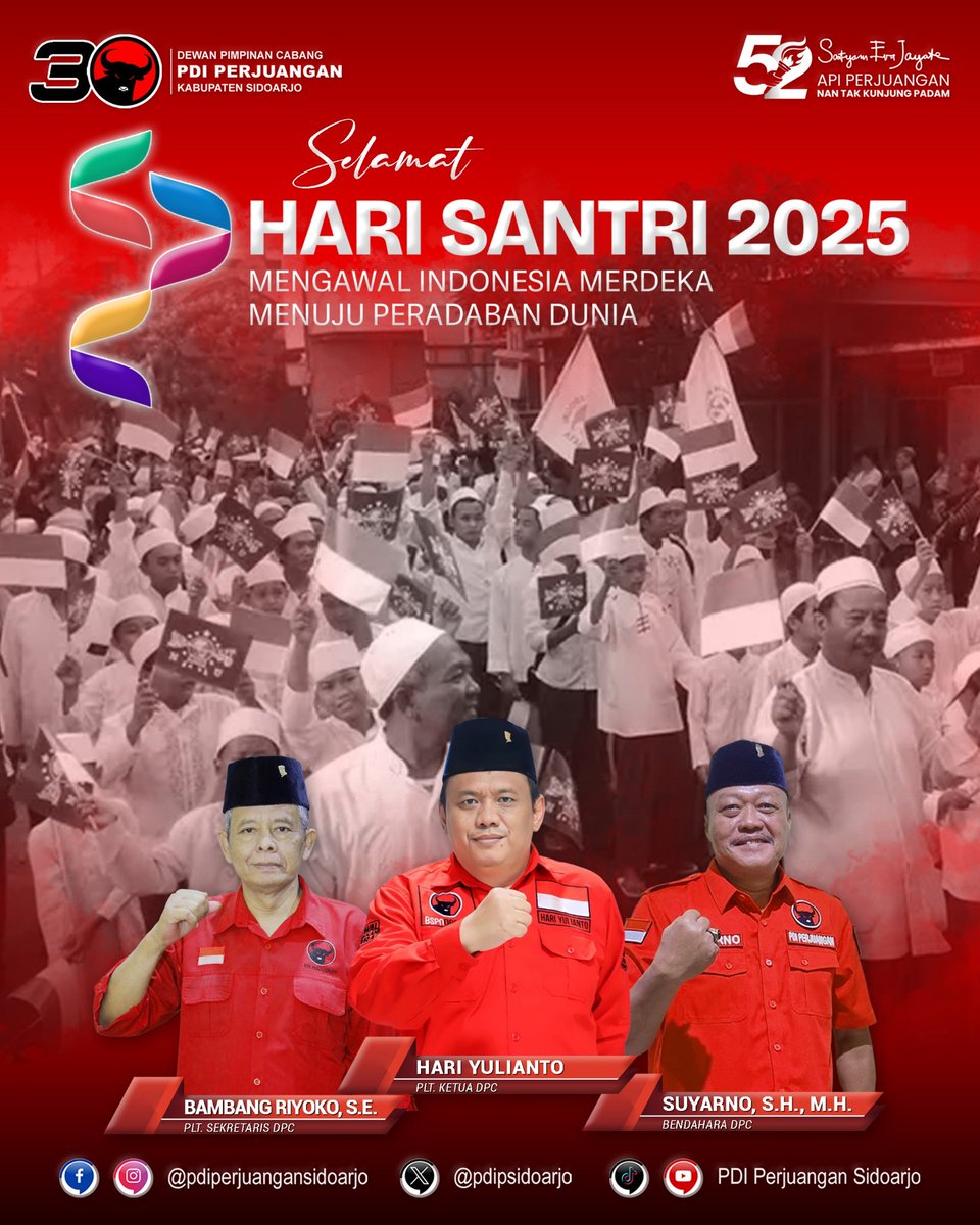 Selamat Memperingati Hari Santri Nasional 2025.
Mengawal Indonesia Merdeka Menuju Peradapan Dunia
.
#HariSantriNasional
#HSN2025
#PDIPerjuangan
#pdiperjuangansidoarjo
#SatyamEvaJayate
#SolidBergerak