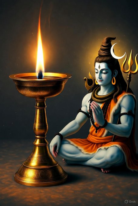 Depiction of Lord Shiva seated in meditative pose with blue skin wearing orange dhoti and garland hands in prayer position trident and crescent moon on head. Brass lamp with lit flame on stand positioned in front of him casting warm glow. Dark background with subtle orange hues enhancing the serene atmosphere.