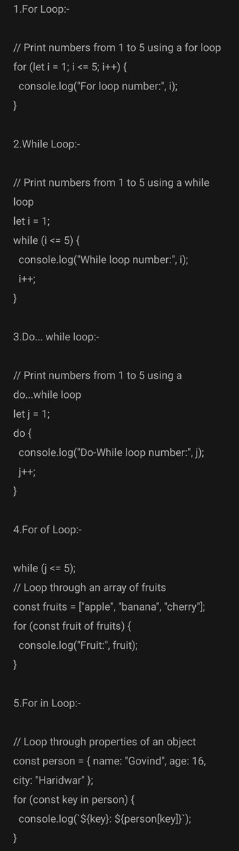 Govind_sde_1's tweet image. Day 17/120 ✅
Today,
I learned javascript Loops (for, while,for-in ,for-of).
#coderarmy
#WebDevelopment