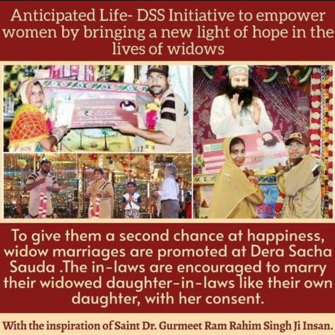 pawanba96332506's tweet image. There has always been discrimination against widows in the society. To improve their condition, Saint Gurmeet Ram Rahim Ji  started #NewLightofHope  Initiative under which they get marriages. This is RayofHope in their lives. #WidowsRemarriage
