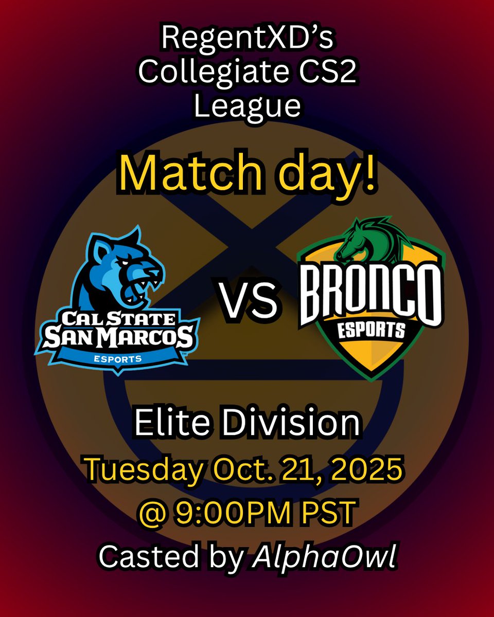 RegentXD's tweet image. ⚔️We have a match-up on a Tuesday night???⚔️
🐾@CsusmEsports (Blue) vs. @CPPEsports (Bronco Esports)🐴
Which team will turn their chances around with a 1-1 standing?
📅10/21 @ 9:00 PM PST
📺twitch.tv/AlpherOwl
#RegentLeague #RegentXD #CPP #CSUSM #Gameday