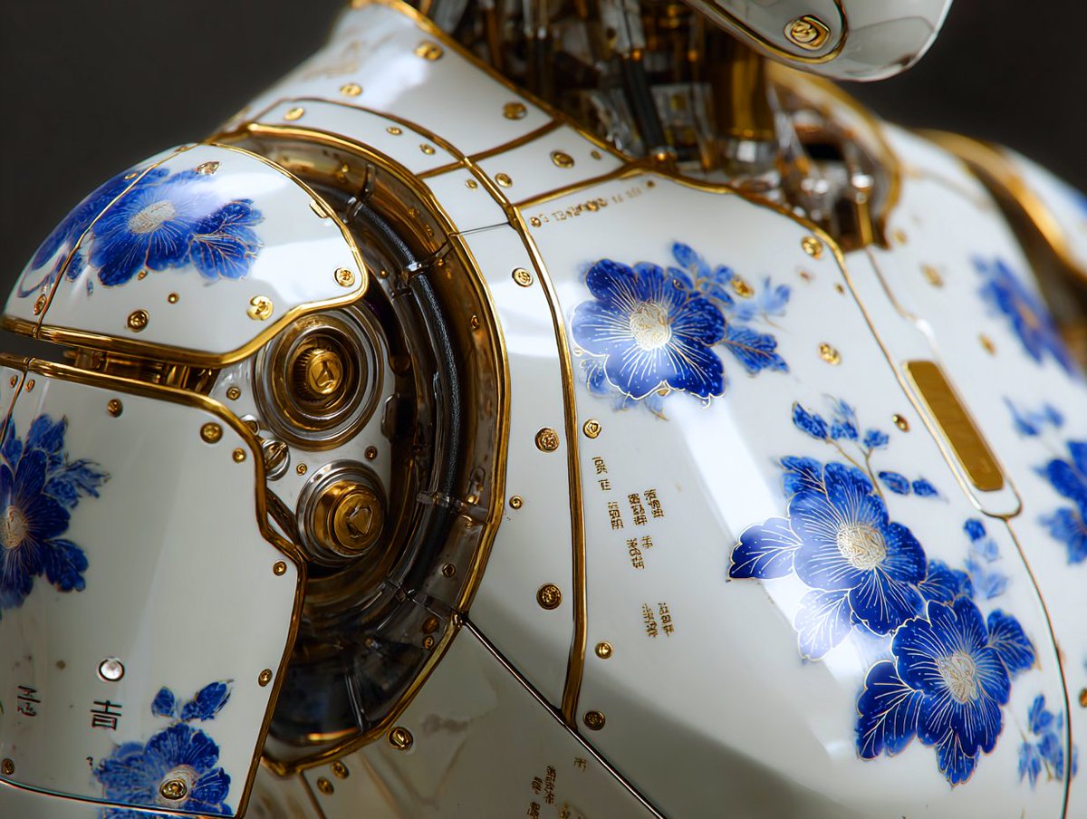 phokuinc's tweet image. Mecha steel structure, porcelain skin, and flowers etched in code. A creature that is both artifact and machine. #AIart #FutureDesign