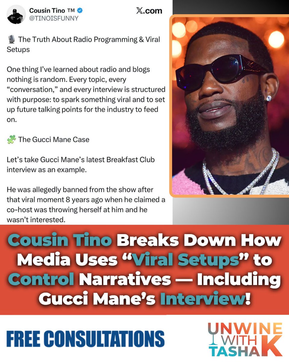UNWINEWITHTASHA's tweet image. Whew, winos he snapped with this one… Cousin Tino lays out how radio and blogs allegedly use “programmed conversations” to stir controversy — breaking down The Gucci Mane Case, mental health narratives, and how the media flips things for clicks.