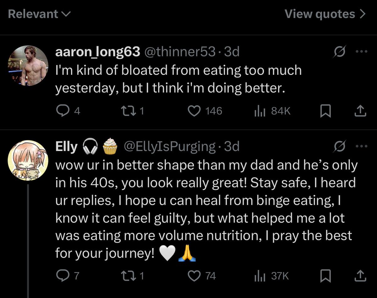 barbierexic's tweet photo. For those of you STILL doubting this is a thing, compare the replies to these two posts:

The top reply to Tab: a 39 y/o woman who has done nothing but spread kindness &amp; share her ED journey.

vs

The top reply to Aaron: a 62 y/o KNOWN PEDO who only follows 14 y/o girls. https://t.co/uOqXnkfp9K