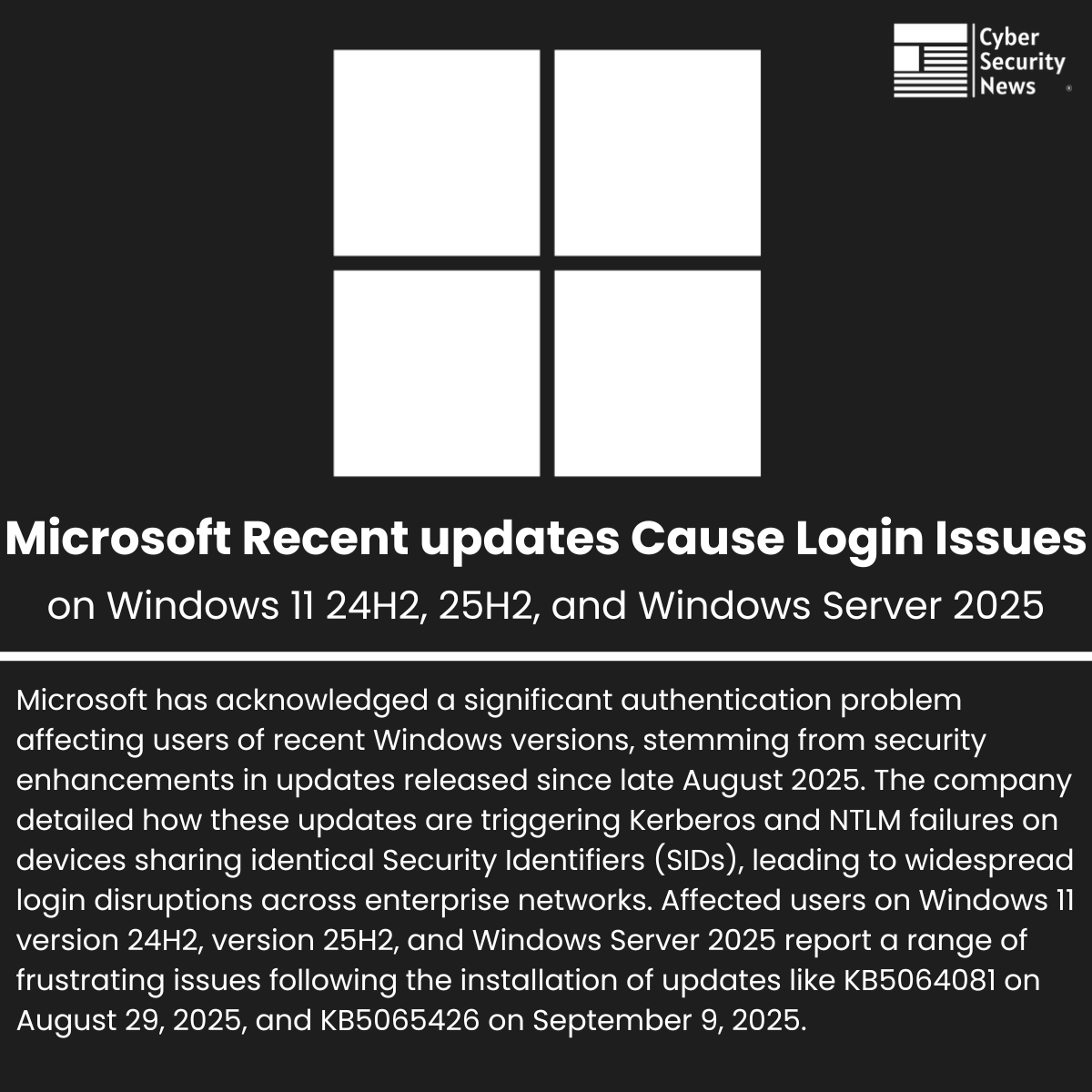 The_Cyber_News's tweet image. 💻 Microsoft's Recent updates Cause Login Issues on Windows 11 24H2, 25H2, and Windows Server 2025
Read more: cybersecuritynews.com/login-issues-o…
Microsoft has acknowledged a significant authentication problem affecting users of recent Windows versions, stemming from security enhancements…