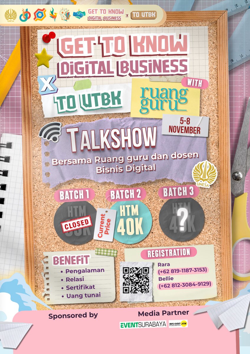 📢 BATCH 2 SUDAH DIBUKA! 📢
TO UTBK X Get To Know Bisnis Digital balik lagi buat kamu yang kemarin belum daftar! 🤩

📅 5–8 Nov 2025 | 💸 HTM 40K

📲 Daftar sekarang:
Rara 👉 wa.me/6281911873153
Bellie 👉 wa.me/6281230849129