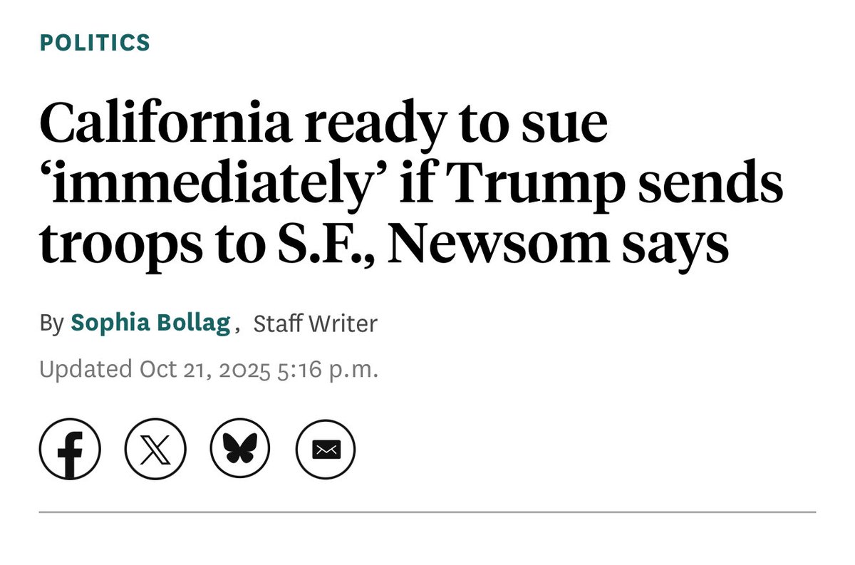 Deploying troops into our cities with no justification grounded in reality, no oversight, no accountability, and no respect for state sovereignty is a direct assault on the rule of law.

If Donald Trump invades our state again, California will sue immediately.