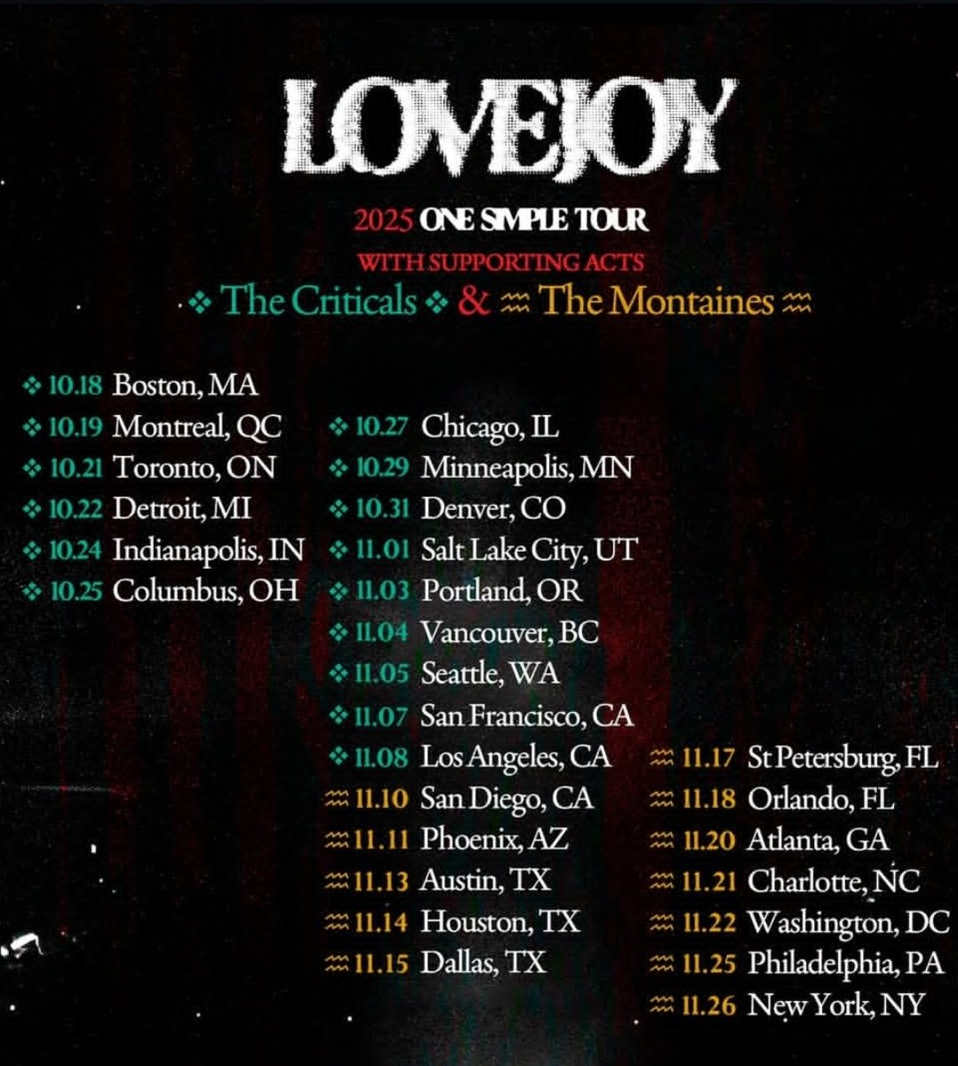 LVJYNation's tweet photo. Pinning this to the top so we can keep tabs on all of the tour dates!
#Lovejoy #OneSimpleTour #OneSimpleTrick https://t.co/KMpqO0rlRU