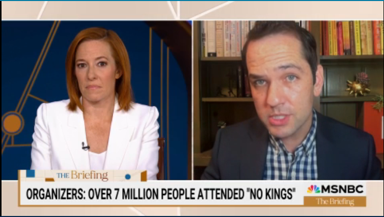 In the wake of Saturday's massive "No Kings" protests, Ezra Levin tells Jen Psaki about the launch of the "No Kings Alliance" as a next step in focusing the power of the movement.
bsky.app/profile/briefi…