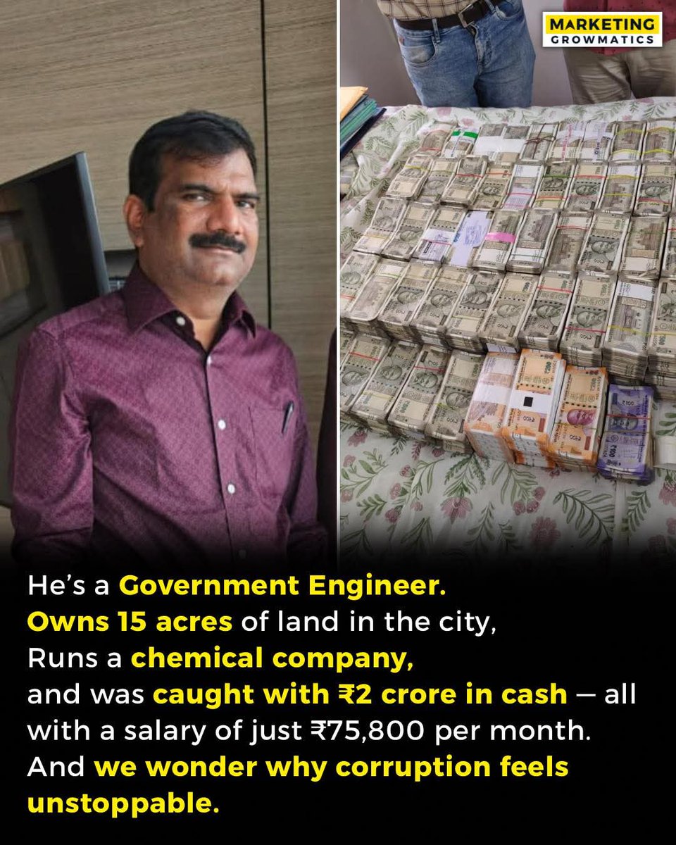 In a shocking anti-corruption raid, a government engineer earning just ₹75,800 per month was caught with ₹22 crore in cash,
along with ownership papers of 15 acres of prime city land and even a chemical company registered under his name.

For years, he walked among colleagues