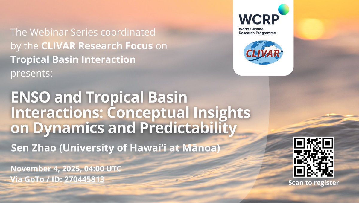 WCRP_CLIVAR's tweet photo. 📢 [TBI Webinar Series] We are pleased to invite you to join the 6th edition of webinar series coordinated by #CLIVAR Tropical Basin Interaction Research Focus.

⏰: November 4, 04:00 UTC 

📌: GoTo - Meeting ID 270445813

🔍 You can register by scanning the QR https://t.co/a8Sd8Bl8jA
