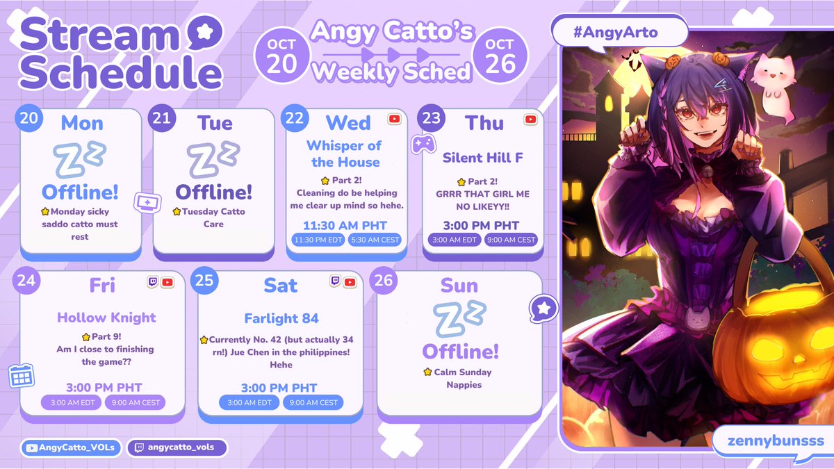 AngyCatto_'s tweet photo. 「 𑄝 #AngyCalendar ┆ 📅10.20 - 10.26 🜲 」  
sweeping away the bad thoughts with comfy game! 🧹 Silent Hill F 👻 i got bad vibes from the girl grrr... gotta bite back!! 😾 Hollow Knight! Will try to finish the game!! 🔨 Farlight 84! I gotta show u their new hero! Jue Chen! and i'm top 42 in philippines rn with her! heheh 💪😾