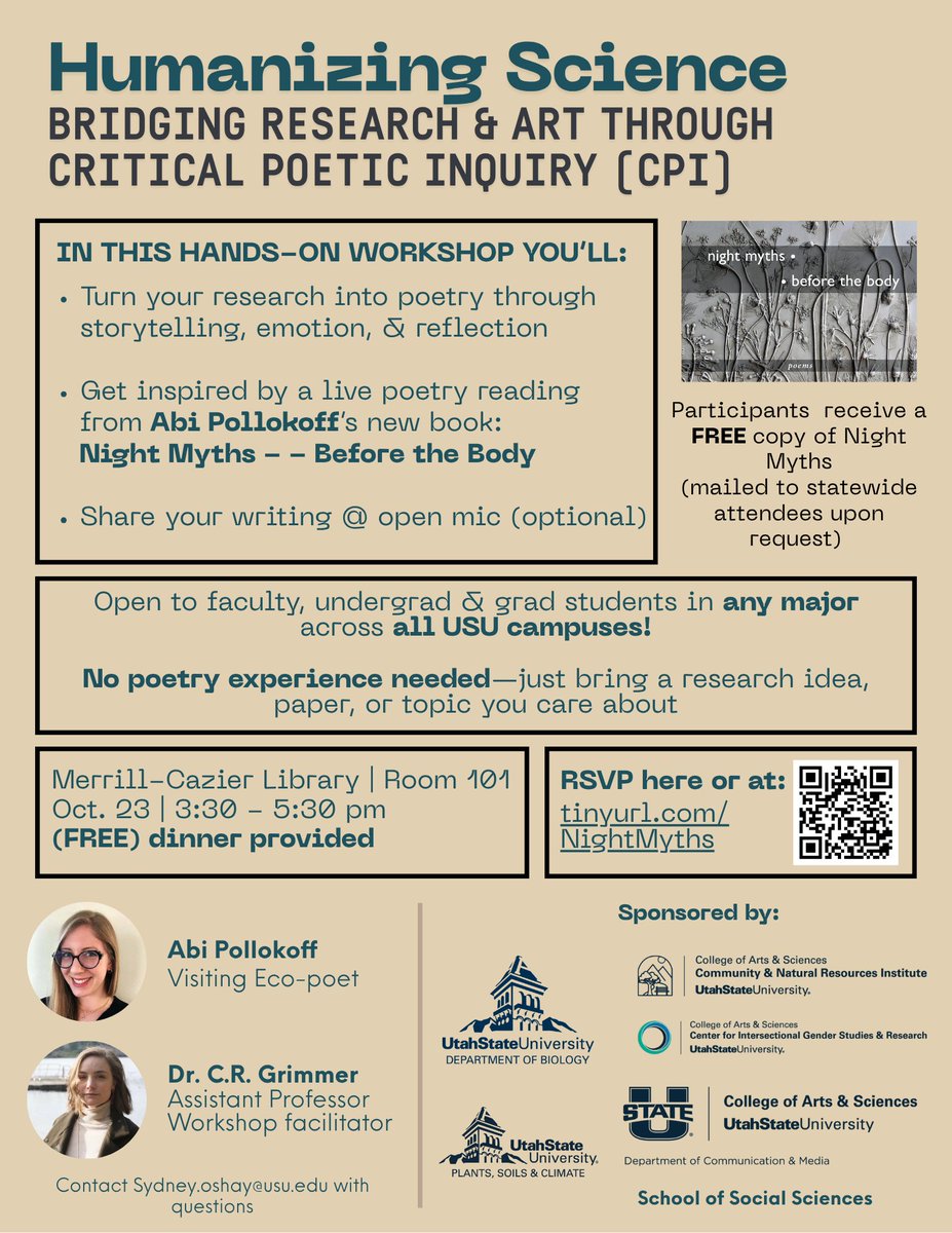 CANRI_USU's tweet photo. Are you curious about how storytelling and emotion can deepen your understanding of research? Join us 
📅 Date: Wednesday, October 23
🕞 Time: 3:30–5:30 PM
📍 Location: Merrill-Cazier Library, Room 101 and via Zoom for statewide participants
🍽️ Dinner Provided
📘 Free copy https://t.co/e2doRR5Sf9