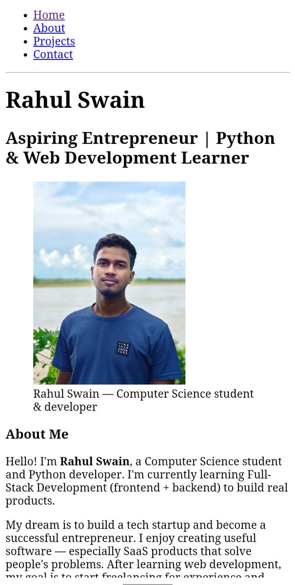 RahulSwain23503's tweet image. My first personal portfolio website is live! 🚀
Built with HTML5, featuring About, Skills, Projects &amp;amp; Contact.
Take a look: [my-portfolio-html-woad.vercel.app] #100DaysOfCode #WebDevelopment