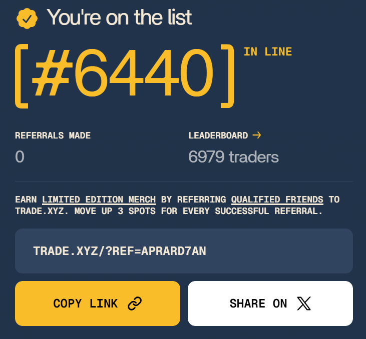 Still waiting for <a href="/tradexyz/"></a> 
Next <a href="/Lighter_xyz/">Lighter</a> probably
 
trade.xyz/?ref=APRARD7AN