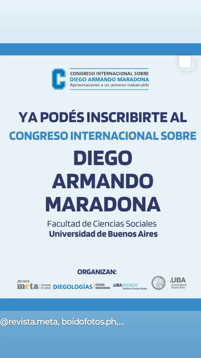 Se viene el Congreso sobre Diego Maradona en UBA. 
6-7-8 de noviembre. No se lo pierdan. Podés inscribirte en revistametasentidos.com.ar/congreso-inter…