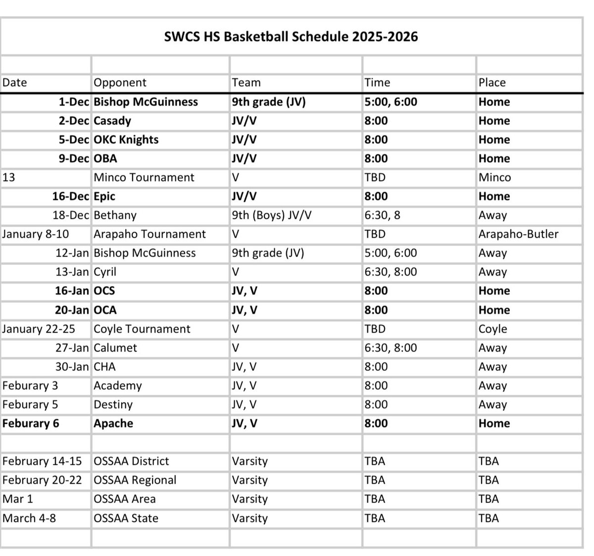 Here's my schedule for my senior season.