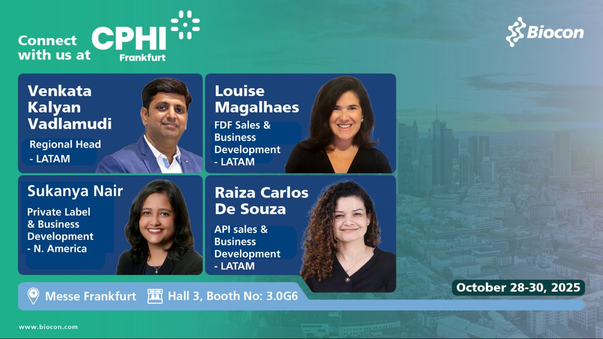 #Biocon will be at #CPHIFrankfurt!
We look forward to the opportunity to discuss our product portfolio in detail and explore potential strategic partnerships. Please join us at booth number 3.0G6.
To book a meeting, write to us at:
For API: contactus.API@biocon.com
For Generic