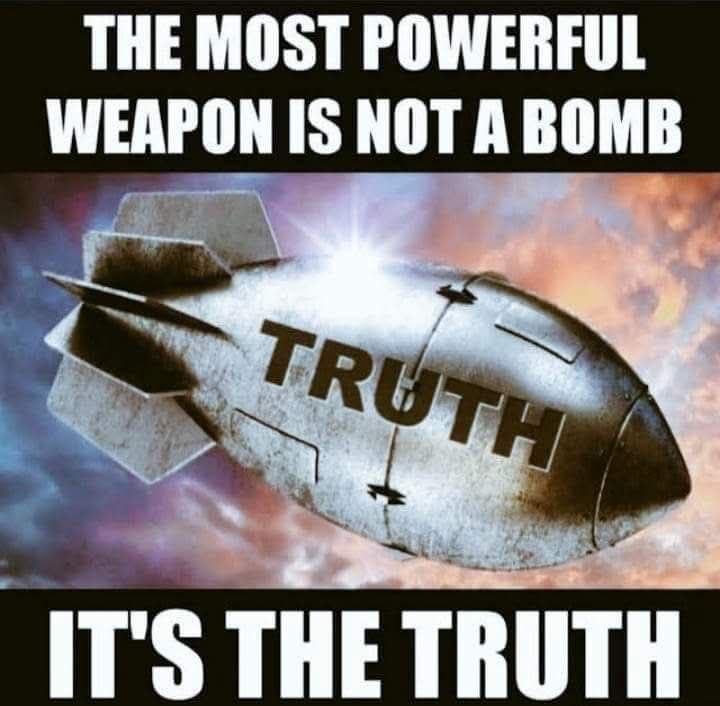 A metallic bomb with fins and a pointed nose flies through an orange and purple sky, featuring the word TRUTH in large white letters on its body, surrounded by black text stating THE MOST POWERFUL WEAPON IS NOT A BOMB and ITS THE TRUTH.