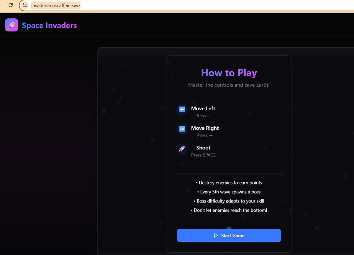 I built a classic Space Invaders arcade game on ICP. The leaderboard is already looking stacked!

Check it out invaders-nie.caffeine.xyz

#builtwithcaffeine  #dfinity #caffeineai