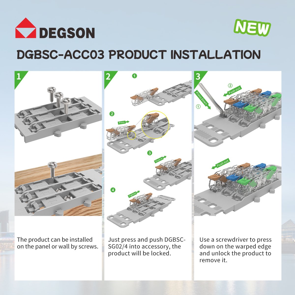 DEGSON1990's tweet image. DGBSC-SG Series Installation accessories ⚙️
Quick Installation Guide ⚡ &amp;amp; Detailed Configuration Explanation 📋
The products are applied to junction boxes , panels , and rails that require terminal fixation 🔗

#QuickInstall 
#ConfigGuide
#PanelMount 
#RailMount
#Degson