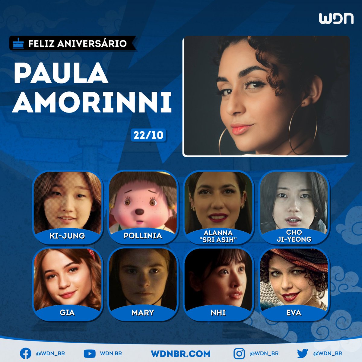 Voz da Cho Ji-Yeong dr Alerta Vermelho e da Gia de Totalmente Trocadas, hoje é aniversário da ótima dubladora Paula Amorinni! Desejamos inúmeras felicidades e realizações para essa incrível atriz de voz! 🥳🎊🎁🎂