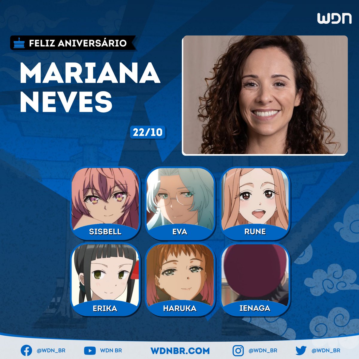 Voz da Rune em My Dress-Up Darling e da Sisbell em Our Last Crusade or the Rise of a New World, hoje é aniversário da excelente dubladora Mariana Neves! Desejamos um dia cheio de comemorações e muito sucesso para essa ótima atriz de voz! 🥳🎁🎊🎂