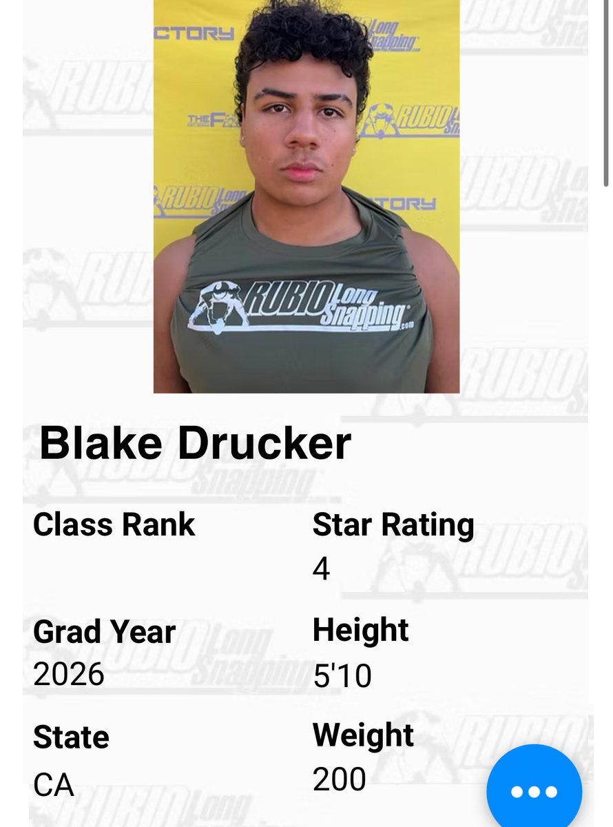 “Tank” Blake Drucker 3.5⭐️ LS (@blakedrucker99) on Twitter photo After a great weekend, I’ve officially bumped up to a 4 star from being a prior 3.5 Rubio long snapper! Thank you to <a href="/TheChrisRubio/">Rubio Long Snapping®</a> for all you do for us snappers! More work to be done.
<a href="/Daygofootball/">San Diego Football</a> <a href="/SDFBRecruits/">San Diego High School Football</a> <a href="/HectorSolis824/">Hector Solis</a> <a href="/D_ferriswheel46/">Drew Ferris</a> <a href="/ECWildcatFB/">El Camino Wildcats Football</a> After a great weekend, I’ve officially bumped up to a 4 star from being a prior 3.5 Rubio long snapper! Thank you to <a href="/TheChrisRubio/">Rubio Long Snapping®</a> for all you do for us snappers! More work to be done.
<a href="/Daygofootball/">San Diego Football</a> <a href="/SDFBRecruits/">San Diego High School Football</a> <a href="/HectorSolis824/">Hector Solis</a> <a href="/D_ferriswheel46/">Drew Ferris</a> <a href="/ECWildcatFB/">El Camino Wildcats Football</a>