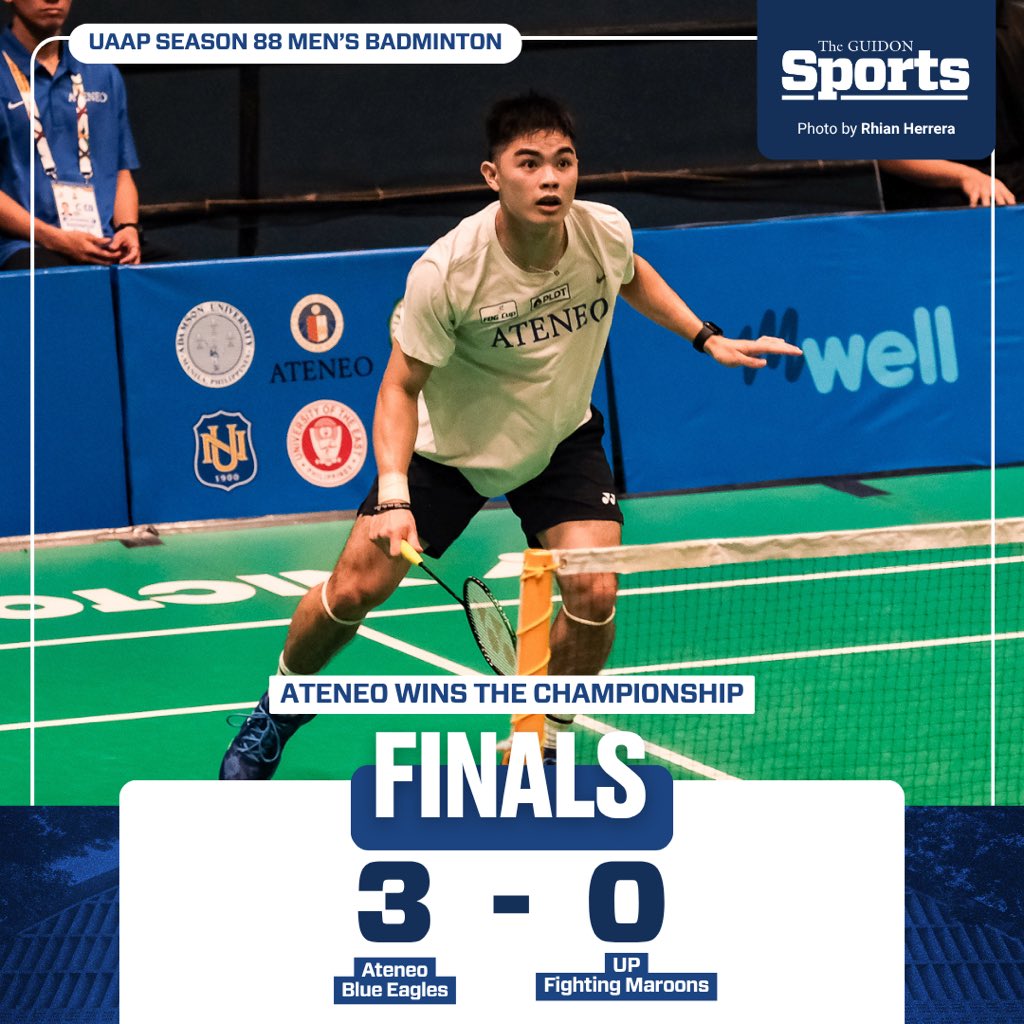 TheGUIDONSports's tweet image. DESTINY FULFILLED
The Ateneo Blue Eagles reclaim the UAAP Badminton throne after outlasting the UP Fighting Maroons, 3-0, in their Season 88 championship bid.
#AteneoBadminton
#UAAPSeason88
#OneBigFight