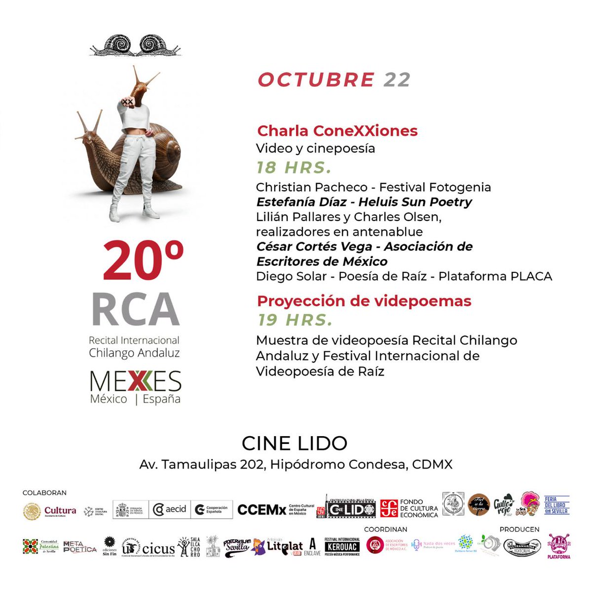 🎬 ¡No te pierdas la 20ª Edición del Recital Internacional Chilango Andaluz!
🗓️ 22 de octubre · 18:00 h
🗣️ Charla ConeXXiones: video y cinepoesía
🎞️ A las 19:00 h proyección de videopoesía
📍 En Cine Lido
#CinePoesía #VideoPoesía #RecitalChilangoAndaluz #FCE