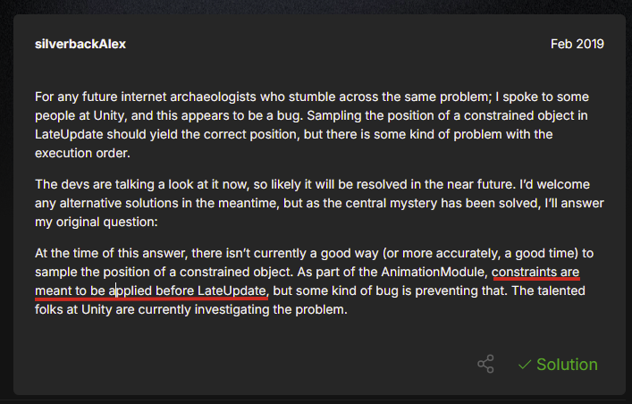 MiraLunaMocha's tweet image. TIL that there's a bug that made constraints not being applied AFTER Update/IKSolver. 🥲 
Not sure if this is fixed in later Unity version or not. But it seems to be happening with the version Warudo SDK uses.
#Unity3d #CSharp