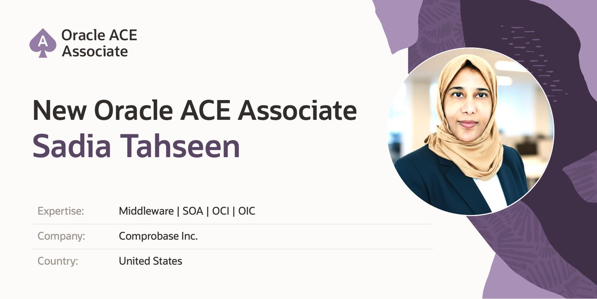 oracleace's tweet image. Congrats to Sadia Tahseen, Oracle ACE Associate! 🌟 With 17+ years in Oracle Cloud, Fusion Middleware, and DB, Sadia leads major integration projects for Fortune 500s and shares expertise as a speaker at OAUG/OATUG and IEEE events.
Learn more: social.ora.cl/6018AWFOA 
#OracleACE
