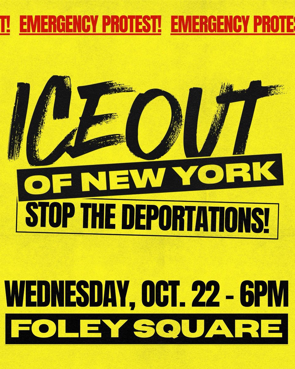 PeoplesForumNYC's tweet image. 🚨 EMERGENCY ACTION TOMORROW! 🚨

We will NOT tolerate ICE&apos;s terror in our communities.

Join us TOMORROW, Oct 22, at 6:00 PM in Foley Square to demand freedom for those detained &amp;amp; an end to ICE raids.

🚫 NO to ICE!
🚫 NO to criminalization!
#ICEOutofNY