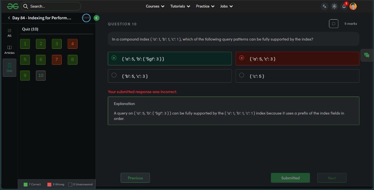 AyushWebDev14's tweet photo. 🎯 Day 84 of #100DaysStreak | #NationSkillup 
@geeksforgeeks !

📖 Learned: Indexing for Performance in MongoDB
📝 Scored: 7/10 in quiz

📚 Join the challenge here: https://t.co/IcY10x3Yni…

#SkillUpWithGFG #webdevelopment #100DaysOfCode https://t.co/Gu1WgHVddp