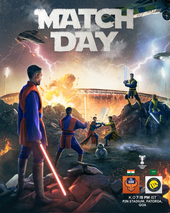 Dramatic scene with multiple figures in colorful robes wielding glowing red and blue lightsabers engaged in combat on rocky terrain near a stadium under spotlights. Explosions and lightning effects fill the background with flying saucer-like objects overhead. A soccer ball and trophy are visible at the base. Text overlays read MATCHDAY DAY in large bold letters at the top and bottom. Logos for FC Goa and Al Nassr FC appear in the bottom right corner along with event details 7:15 PM IST at PJN Stadium Fatorda.