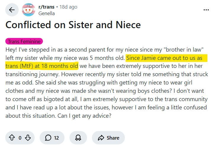 reddit_lies's tweet image. Redditor thinks the child she is &apos;co-parenting&apos; came out as trans at 18 MONTHS old.

I feel like I&apos;m going insane.