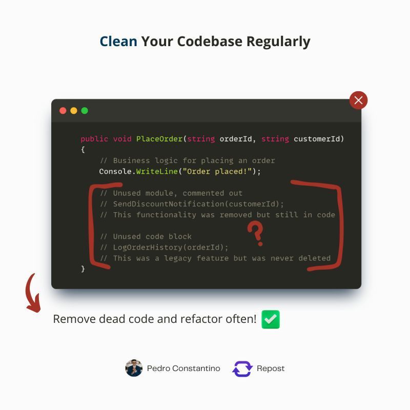 pedroconstech's tweet image. 🔵 𝐂𝐥𝐞𝐚𝐧 𝐘𝐨𝐮𝐫 𝐂𝐨𝐝𝐞𝐛𝐚𝐬𝐞 𝐑𝐞𝐠𝐮𝐥𝐚𝐫𝐥𝐲!
Something that is common in software development is modules being removed from the business rule and just commented in the code or having the function removed from the screen, but it remains a mess in the back-end, I…