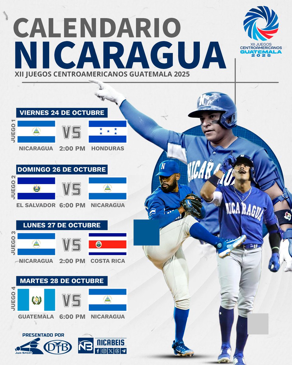 Este es el calendario de la selección nacional de béisbol de Nicaragua en los Juegos Centroamericanos Guatemala 🇬🇹 2025. 

Nicaragua 🇳🇮 jugará ante Honduras 🇭🇳, El Salvador 🇸🇻, Costa Rica 🇨🇷, y Guatemala 🇬🇹 una ronda de todos contra todos. #NicaBeis