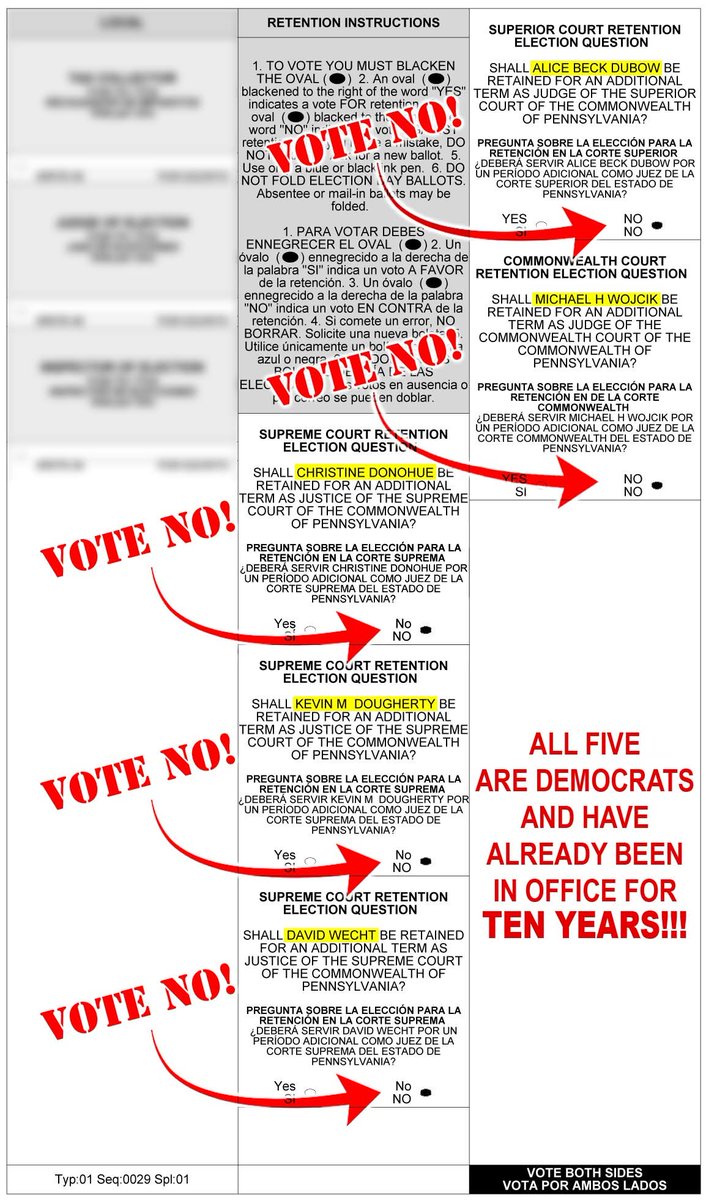 WolfeForTrump21's tweet photo. Election Day in Pennsylvania is less than 2 weeks away. We have a historic opportunity to remove 3 Democrat State Supreme Court Justices, A Democrat Superior Court Judge and a Commonwealth Court Judge. Please Vote NO NO NO NO NO this November 4th and Let's Save Pennsylvania! https://t.co/nl5e2WQ0ng