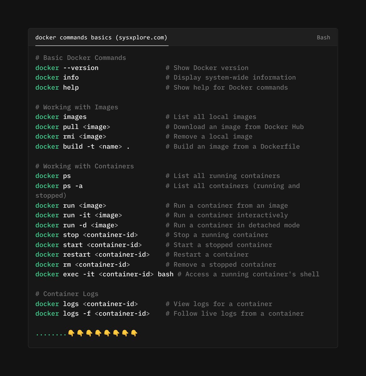 Krishnasagrawal's tweet image. Docker commands  basics Cheatsheet 📘📚

#docker