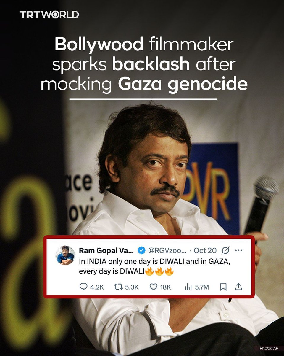 trtworld's tweet image. Followed by millions online, Indian film director Ram Gopal Varma sparked backlash after comparing Diwali—a Hindu festival celebrating light with fireworks—to the war crimes committed in Gaza