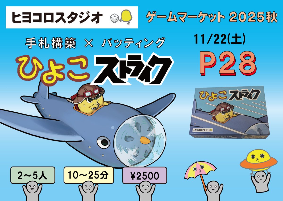 hiyokoro145's tweet image. #ゲームマーケット2025秋
#ゲムマ2025秋

11月22日(土)のゲームマーケット2025秋に出展します。

ブース番号【P28】にて、
新作【ひよこストライク】を販売します。

手札をカスタマイズして戦う、
バッティング要素ありのカードゲームです。

当日はぜひお立ち寄りください。