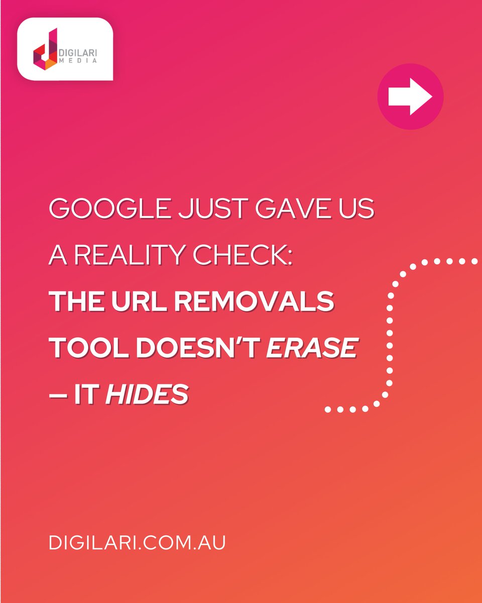 Digilari's tweet image. Google’s URL Removal Tool has been clarified once again: it hides, not erases.
After a hack or indexing mess-up, many SEOs rush to use this as a “delete” tool. But John Mueller reminds us: it’s temporary, not permanent.  #SEO #GoogleSearchConsole #URLRemoval #DigitalStrategy