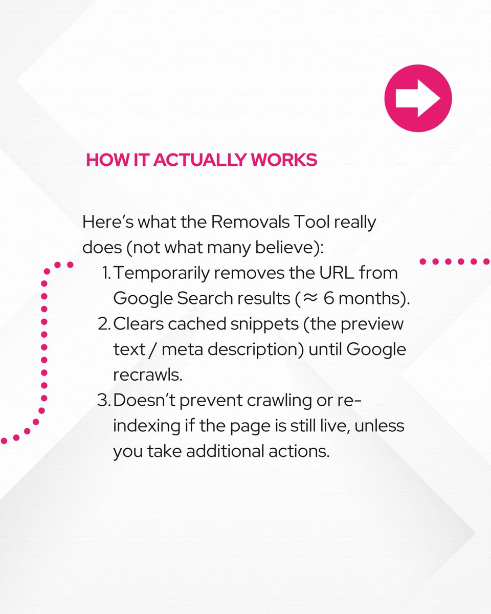 Digilari's tweet image. Google’s URL Removal Tool has been clarified once again: it hides, not erases.
After a hack or indexing mess-up, many SEOs rush to use this as a “delete” tool. But John Mueller reminds us: it’s temporary, not permanent.  #SEO #GoogleSearchConsole #URLRemoval #DigitalStrategy