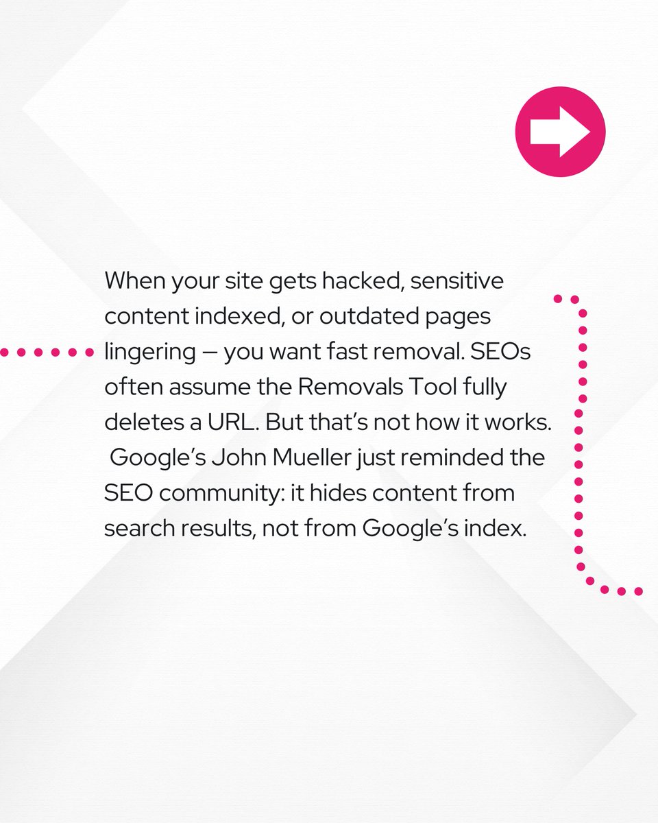 Digilari's tweet image. Google’s URL Removal Tool has been clarified once again: it hides, not erases.
After a hack or indexing mess-up, many SEOs rush to use this as a “delete” tool. But John Mueller reminds us: it’s temporary, not permanent.  #SEO #GoogleSearchConsole #URLRemoval #DigitalStrategy