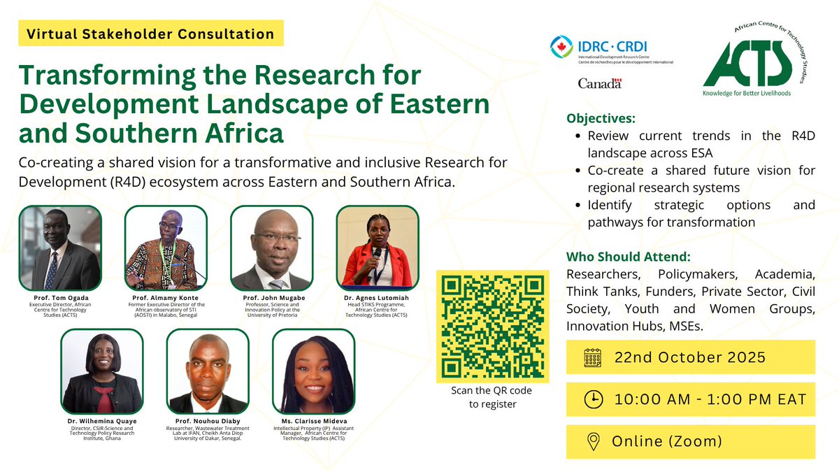 ACTSNET's tweet image. 🚨 Happening Today!
Join us for a Virtual Stakeholder Consultation on Transforming the Research for Development (R4D) Landscape in Eastern and Southern Africa, hosted by the African Centre for Technology Studies (ACTS) in collaboration with the International Development Research…