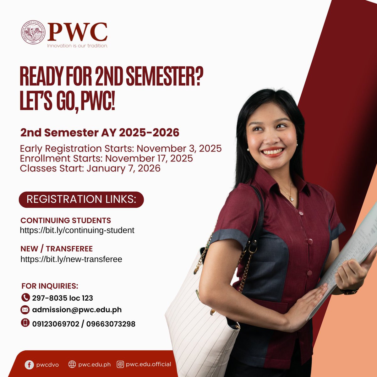 pwcofdavao's tweet image. Ready for 2nd Semester? Let’s Go, PWC! 
New semester, new goals, new faces — same unstoppable energy!

REGISTRATION LINKS:
For Continuing Students
bit.ly/continuing-stu…
For New/Transferee Students
bit.ly/new-transferee

#PWC2ndSemester #PWCProud #2ndSemester2025