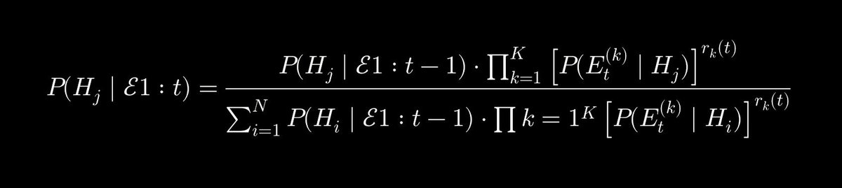 SOLStackAI's tweet image. Drop the attached image into OpenAI… 
Will soon integrate the logic.
This is a generalized Bayesian update rule for hypothesis tracking over time, incorporating multiple independent evidence sources with individual influence weights.
⸻
🧠 Equation Breakdown:
P(H_j \mid…