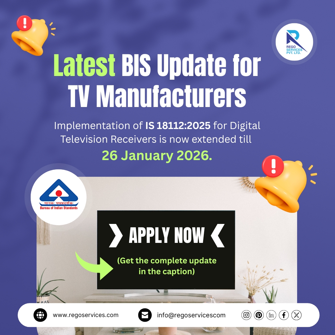 rego_services's tweet image. 📢 BIS extends the implementation date for IS 18112:2025 (Digital TV Receivers) to 26 Jan 2026.

Rego Services helps you stay compliant &amp;amp; update your certification.

#BISUpdate #IS18112 #RegoServices