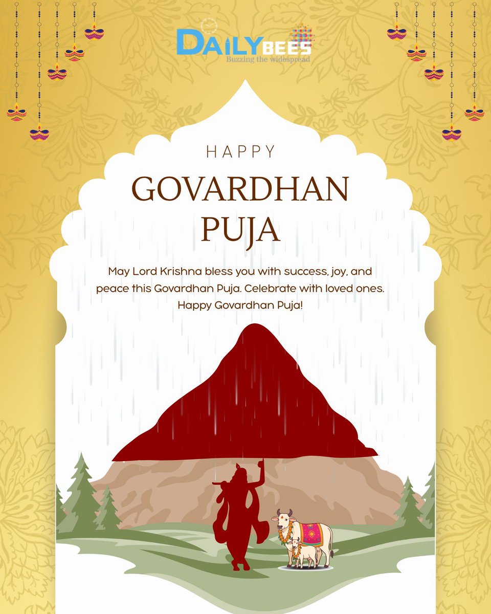 DailyBees1's tweet photo. 🌿 Happy #GovardhanPuja 🙏
May Lord Krishna shower blessings of peace, prosperity, and protection upon you. 🌸
#GovardhanPuja2025 #DailyBees #LordKrishna #IndianFestivals https://t.co/m3g15oj99w